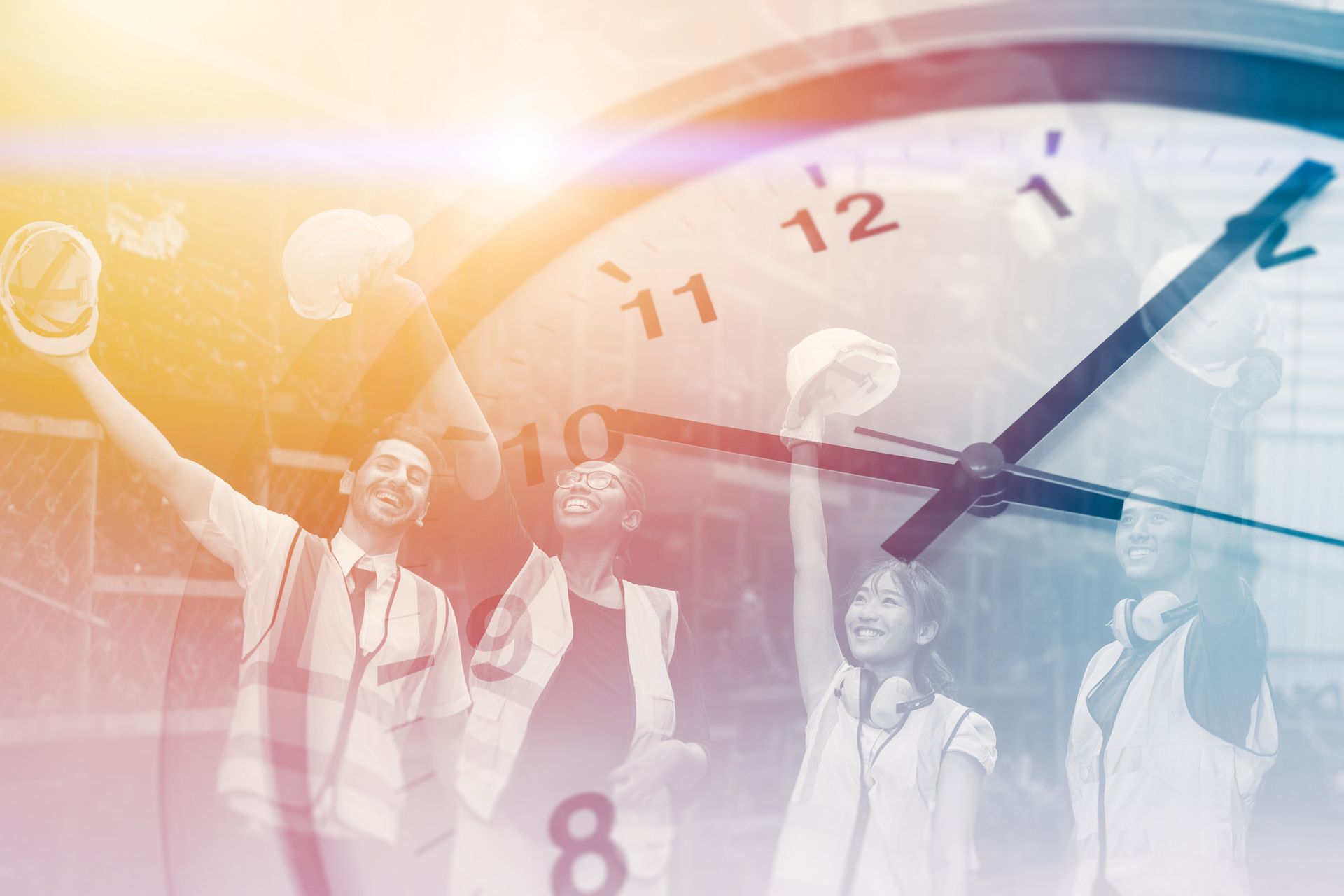 A group of people are standing in front of a large clock. A group of people are standing in front of a large clock.