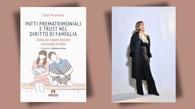 Copertina del libro e ritratto a figura intera di una donna in abito nero su sfondo chiaro.