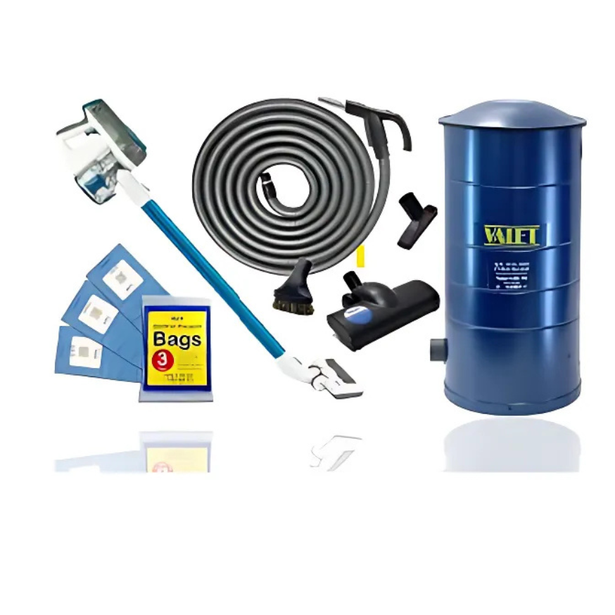 Blue vacuum cleaner kit with hose, attachments, bags, and upright canister on white background — Depinto Agencies In North Mackay, QLD