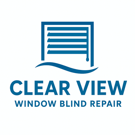 Clear View Window Blind Repair logo with blue window blind icon and text on white background