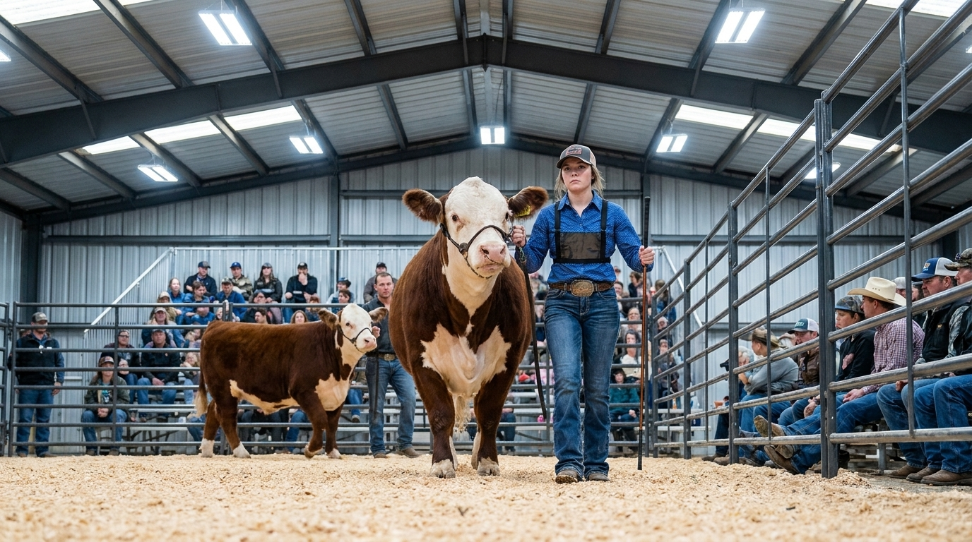 Purebred bulls presented at a Canadian bull sale, with seedstock breeders and buyers at ringside.