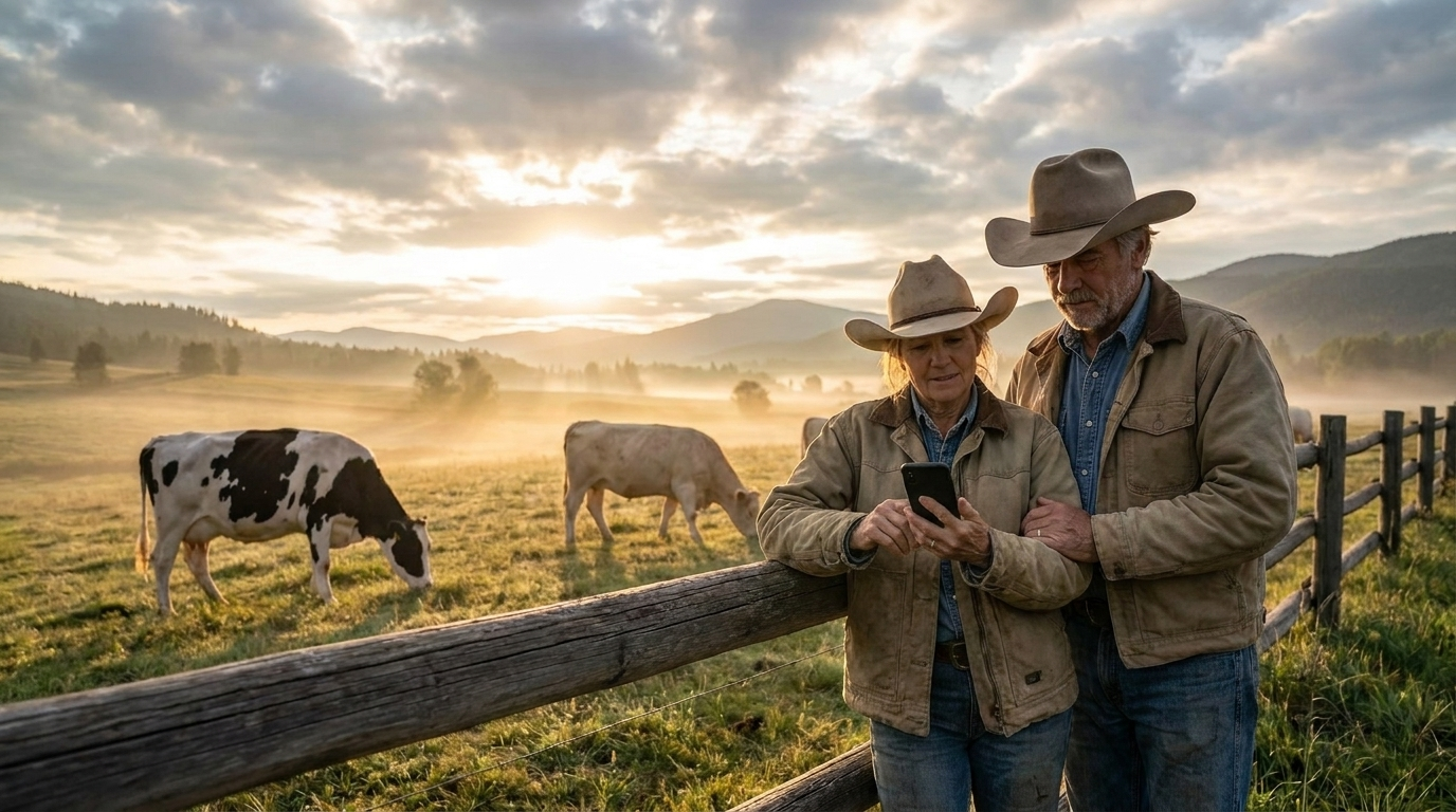 A Canadian seedstock breeder on a smartphone reviewing cattle profiles and sale information.