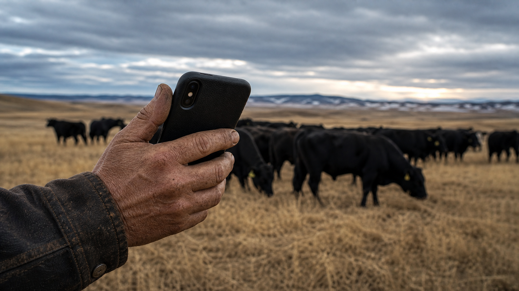 Rancher's hand holding a smartphone on a Canadian prairie with Angus bulls grazing in the background
