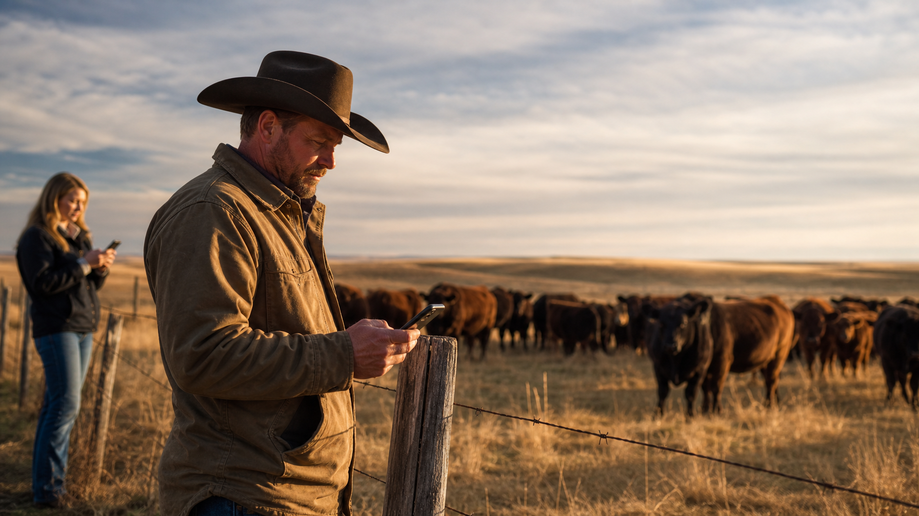 A rancher checking his smartphone in a field with a purebred cattle herd in the background, represen