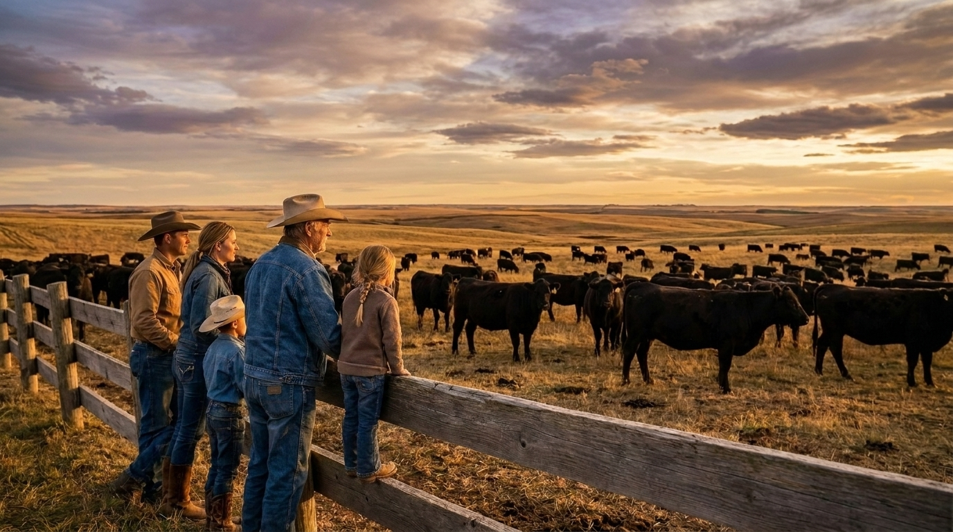 A cattle breeder viewing his heard with family members.