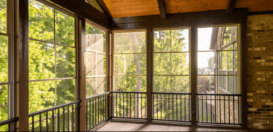 A screened in porch with lots of windows and trees in the background.