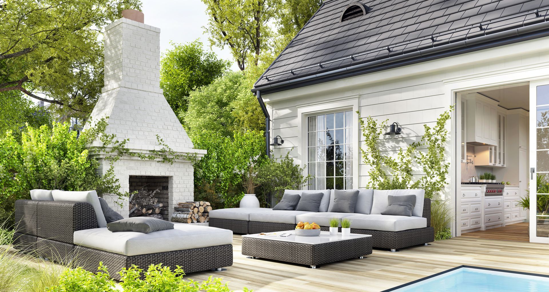 Modern patio with gray sectional seating, white outdoor fireplace, and a pool beside a house