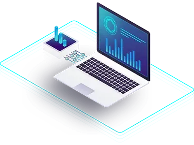 An isometric illustration of a laptop computer with a graph on the screen.