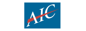 AIC logo in white text with a red swoosh on a blue square.