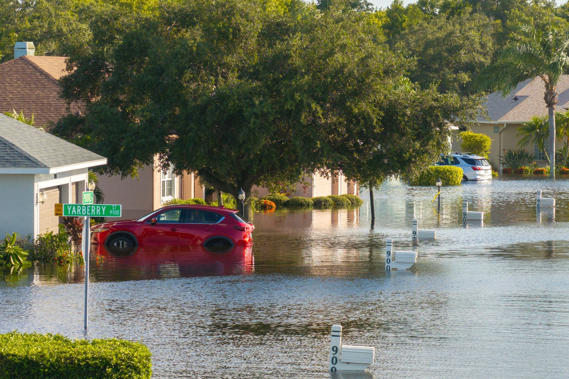 Flooded suburban street; red car submerged, water up to signposts and houses.