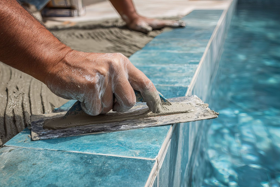 A worker uses a trowel to apply mortar between blue tiles along the edge of a swimming pool.