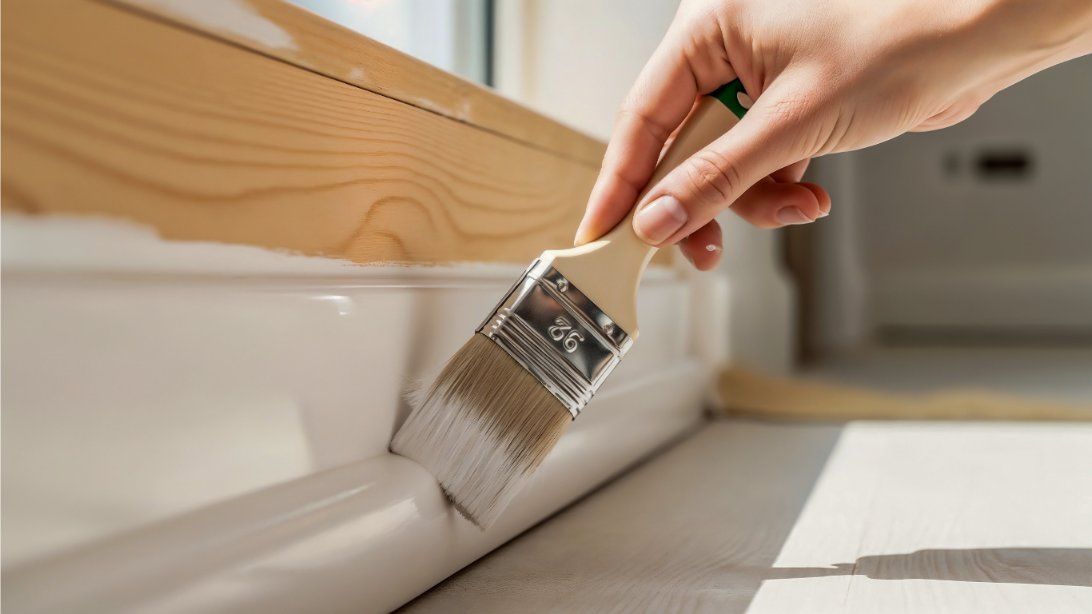 A hand holds a paintbrush, applying white paint to wooden baseboard trim along a floor.