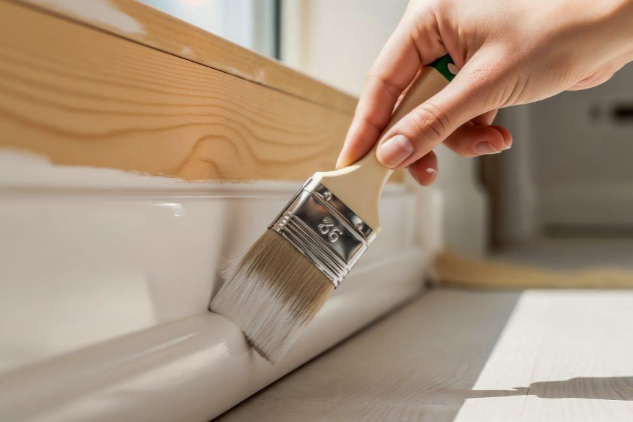 A hand uses a paintbrush to apply white paint to a wooden baseboard beneath an unpainted wooden windowsill.