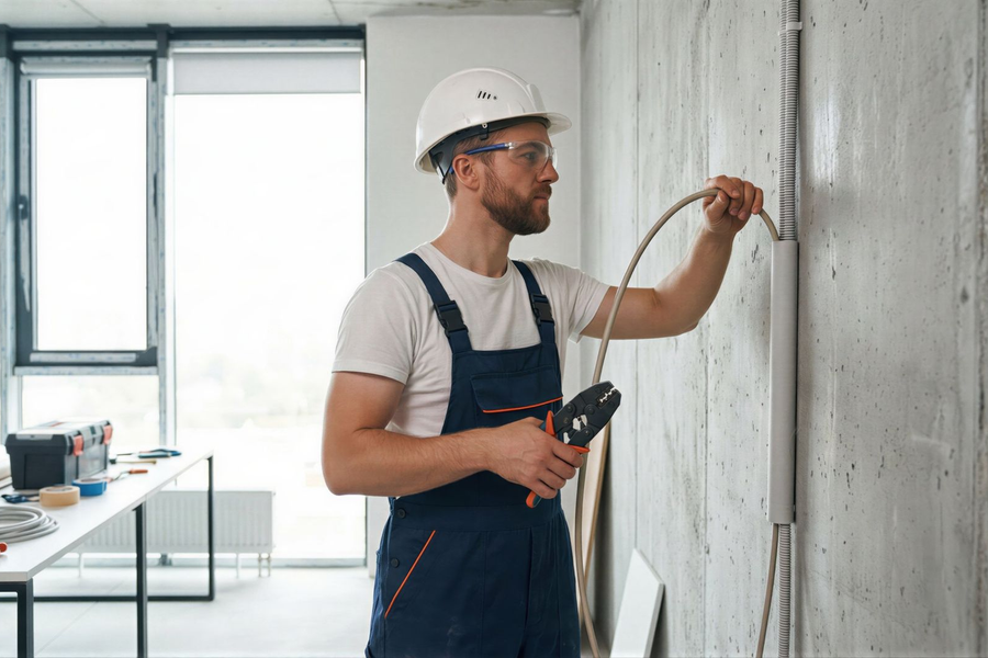 A construction worker in a white hard hat and blue overalls installs a white cable conduit on a concrete wall.