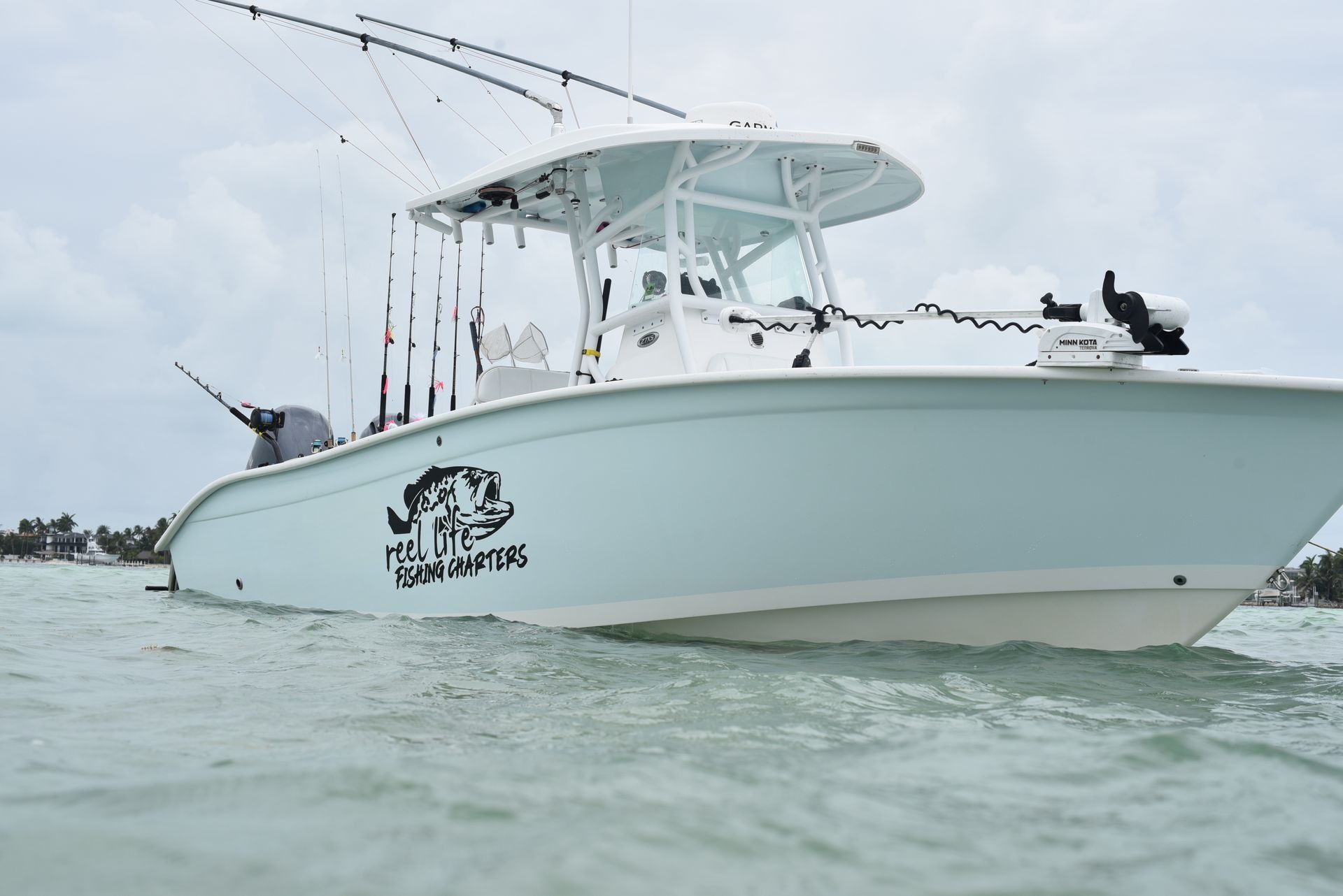 White fishing boat on calm water with canopy, rods, and black dog silhouettes on the bow