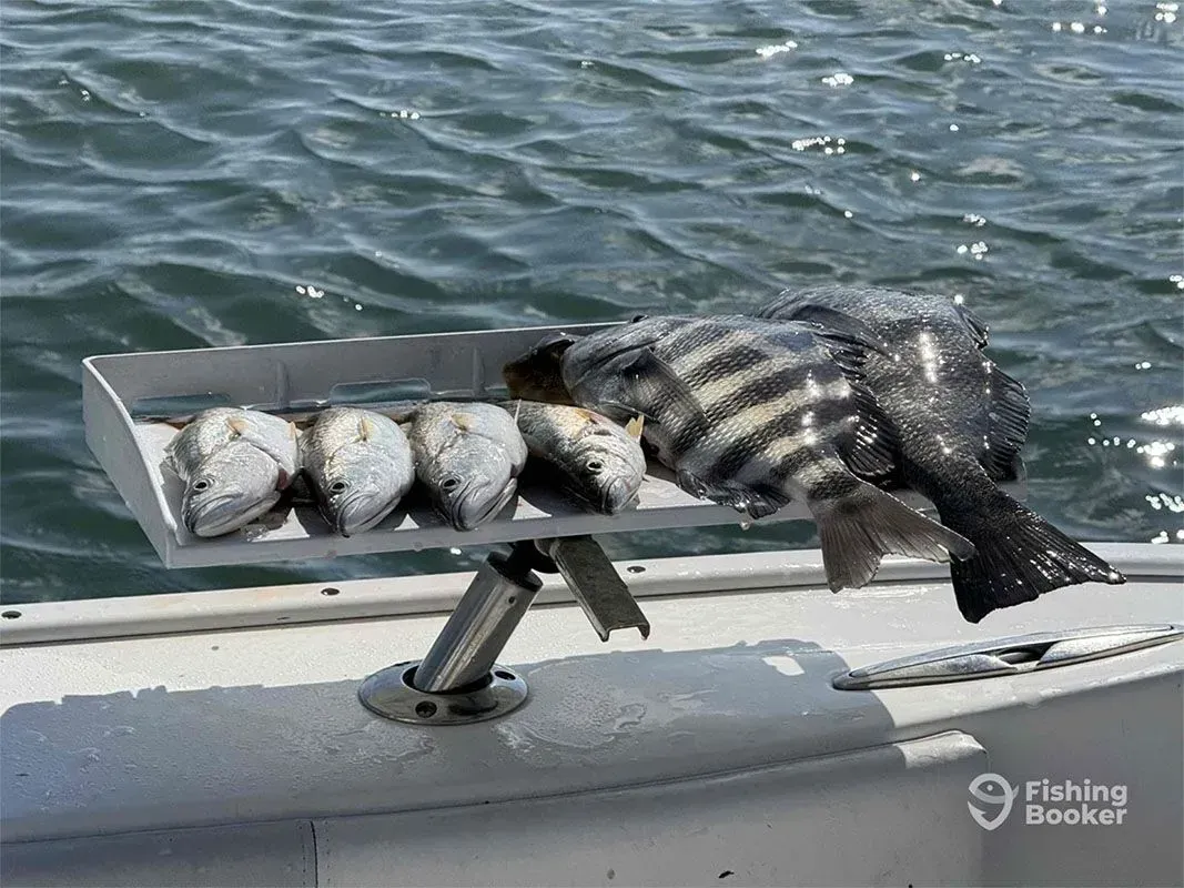 Four fish on a metal fish gripper resting on a boat rail above rippling water