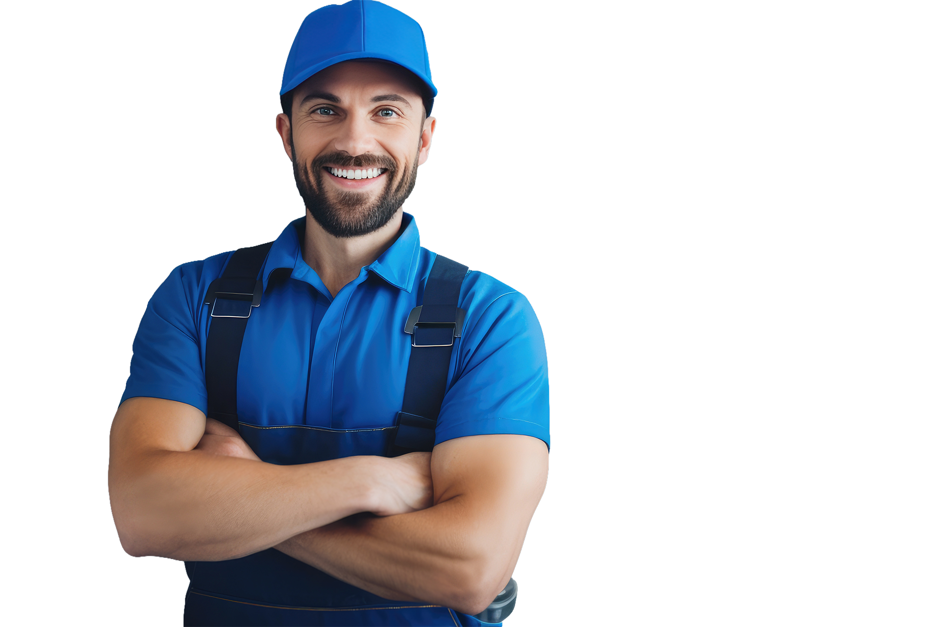 Man in blue uniform smiles with arms crossed.