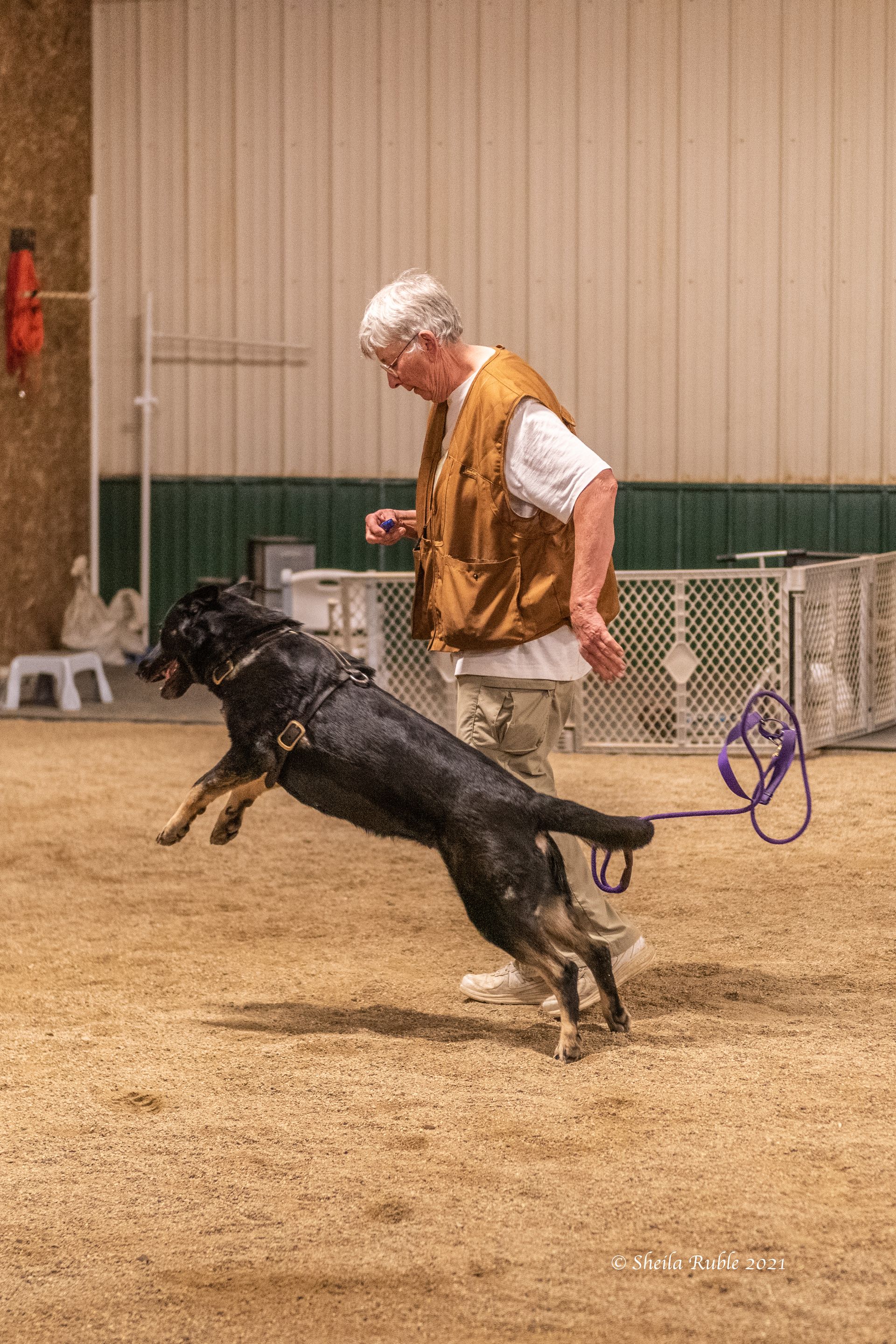 A man is walking a black dog on a leash.