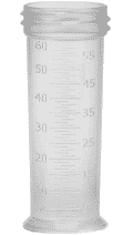 A plastic measuring cup with a lid and measurements on it.