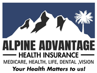 Logo of Alpine Advantage Health Insurance with mountains and a palm tree, text includes service offerings.