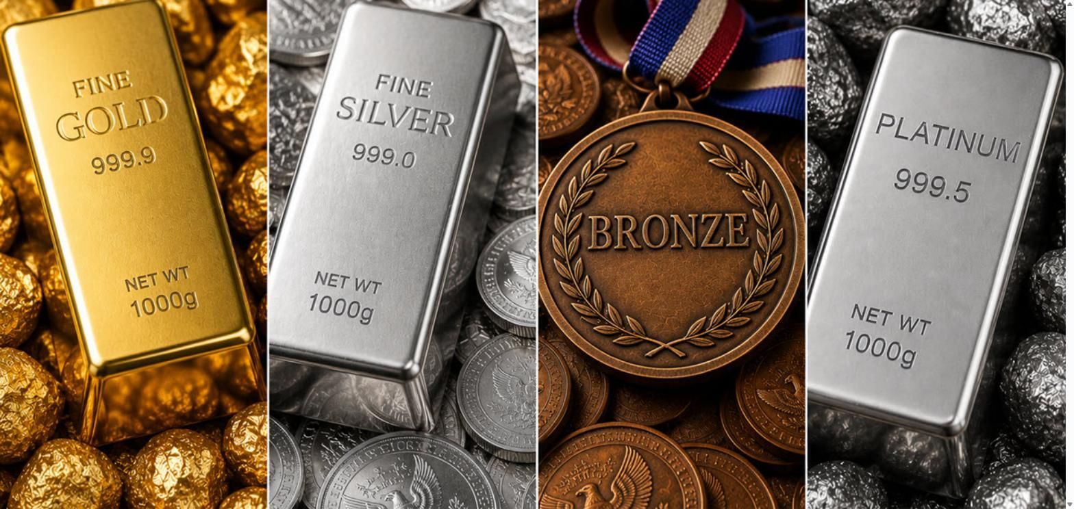 Gold, silver, and platinum bullion bars beside a bronze medal, representing Marketplace health plan metal tiers.