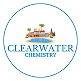 A logo for clearwater chemistry with a house and a pool
