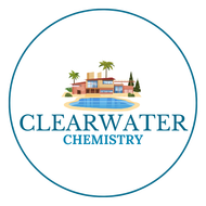 A logo for clearwater chemistry with a house and a pool