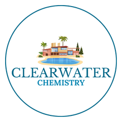 A logo for clearwater chemistry with a house and a pool