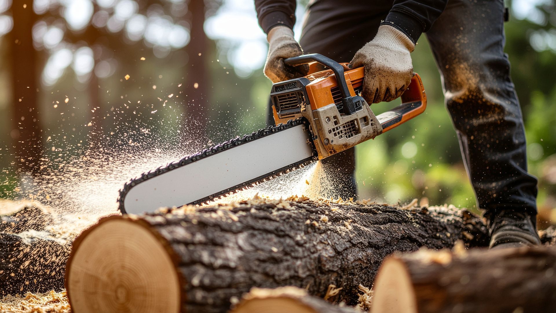 Close-up of a power saw in action during emergency tree trimming to clear debris after a storm. Close-up of a power saw in action during emergency tree trimming to clear debris after a storm.
