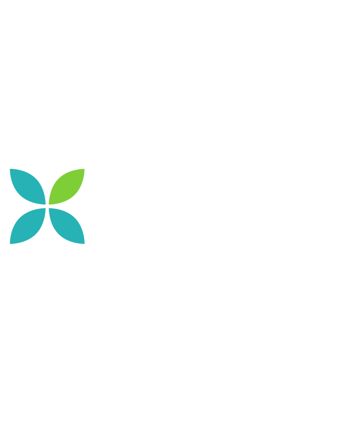 Teal and green four-petal flower logo on a white background