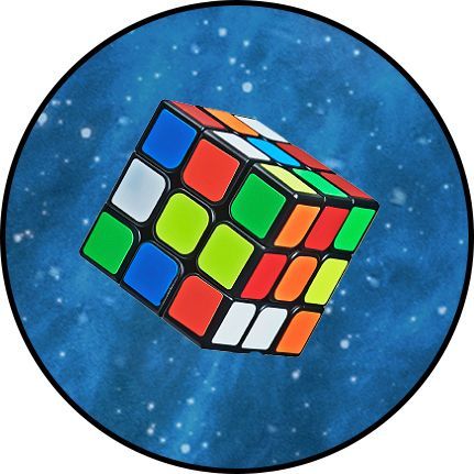 A colorful Rubik’s cube floating on a blue starry background inside a black circle.