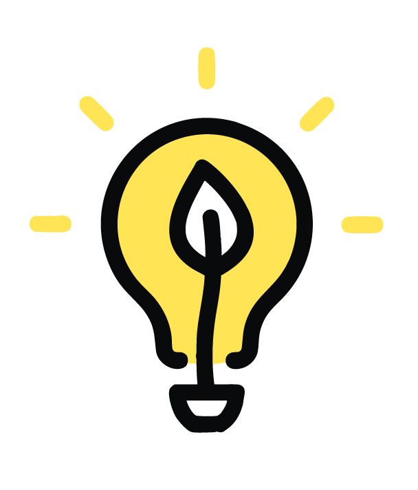 Yellow light bulb icon with black outline and glowing rays on a white background