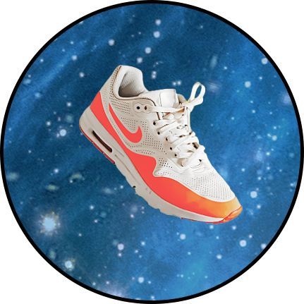 White and coral Nike sneaker floating on a blue starry background