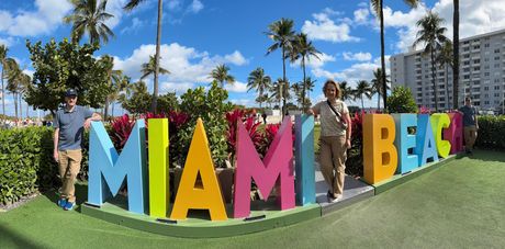 Miami Beach sign in South Beach on the Miami Bus City tour, taking a Selfie. 