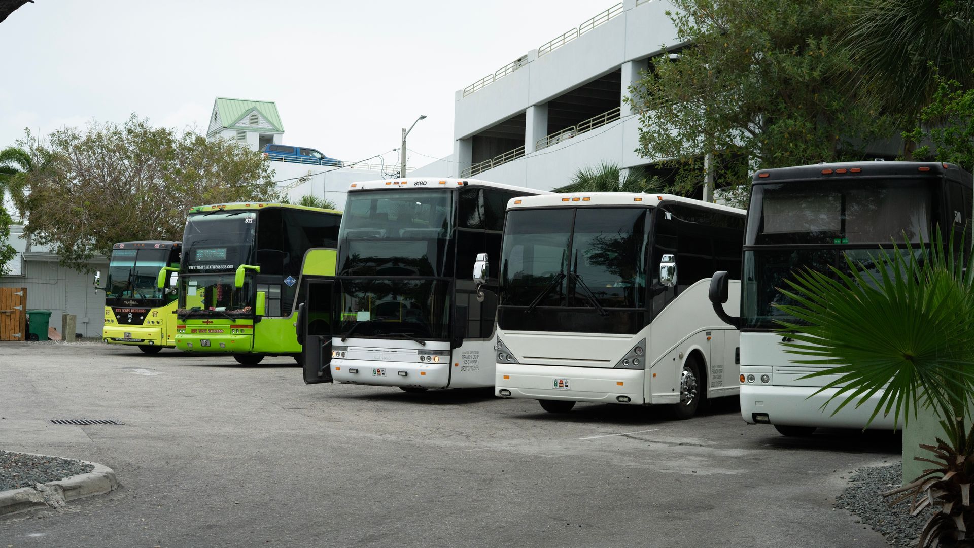 Tour buses parked in Key West during a Miami to Key West day trip through the Florida Keys
