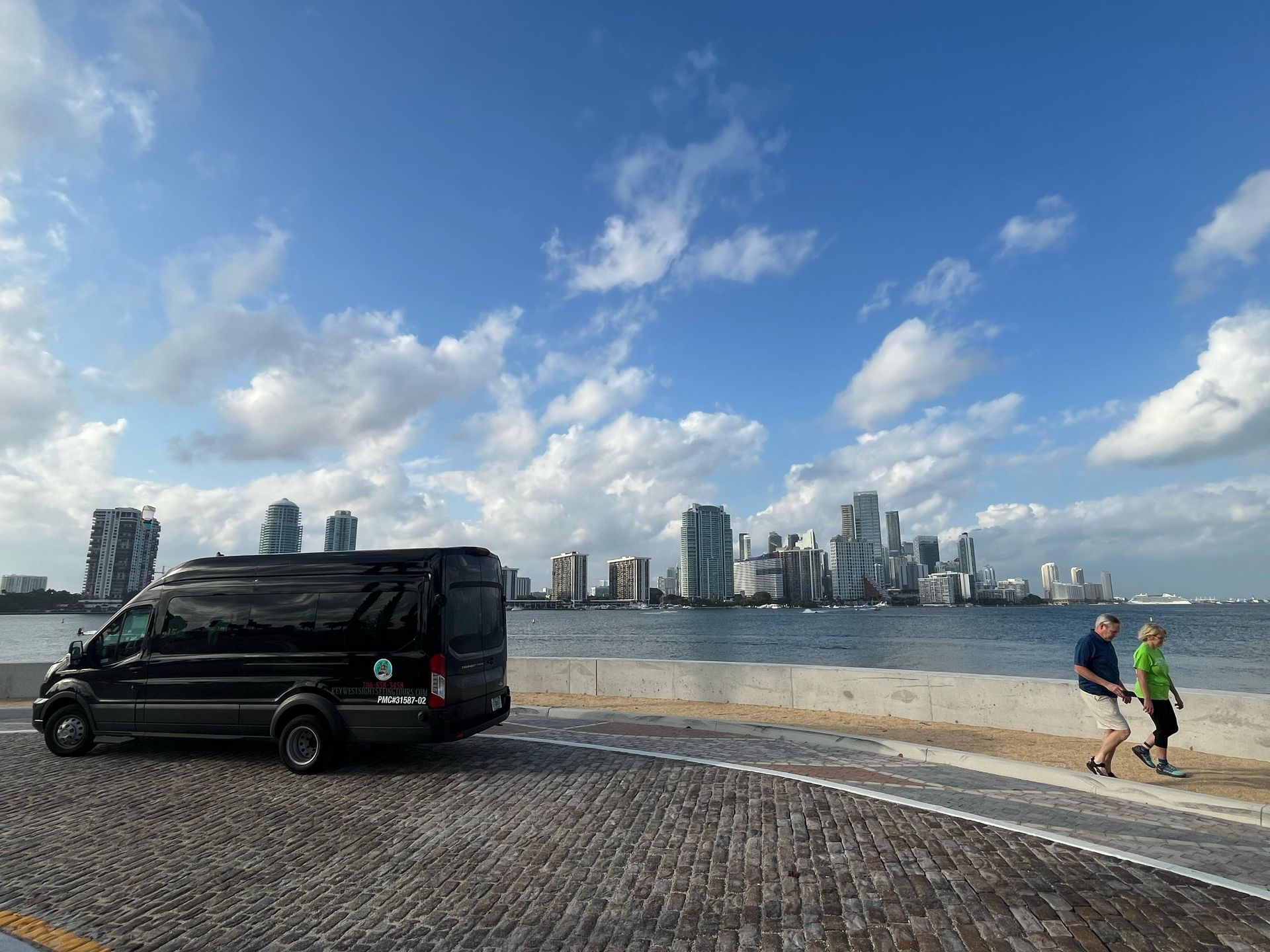 Miami VIP Bus Tours – Exclusive city tour bus parked at the secret Miami skyline photo spot
