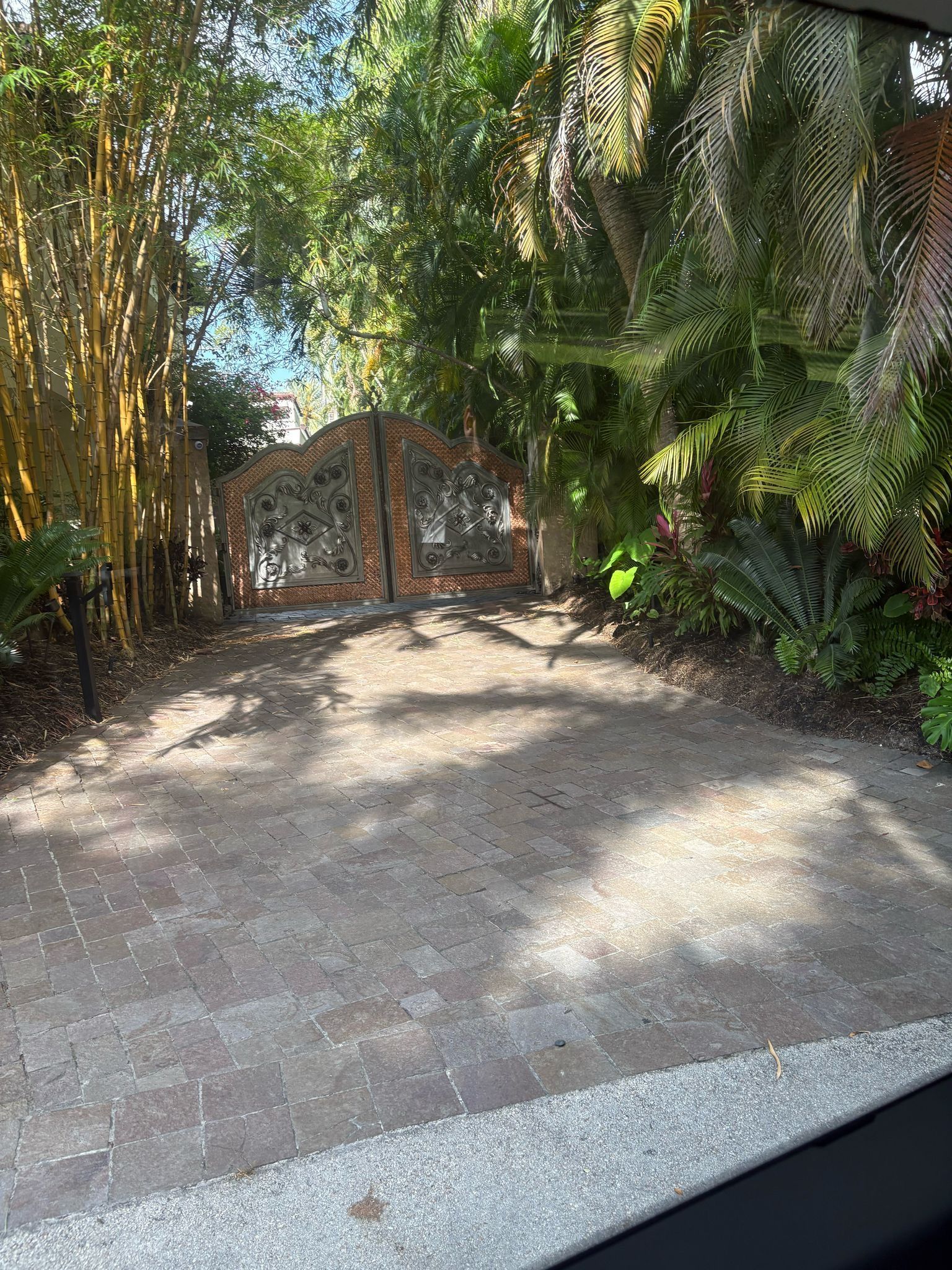 Tropical gated entrance to a Star Island mansion seen during a sightseeing Miami bus experience
