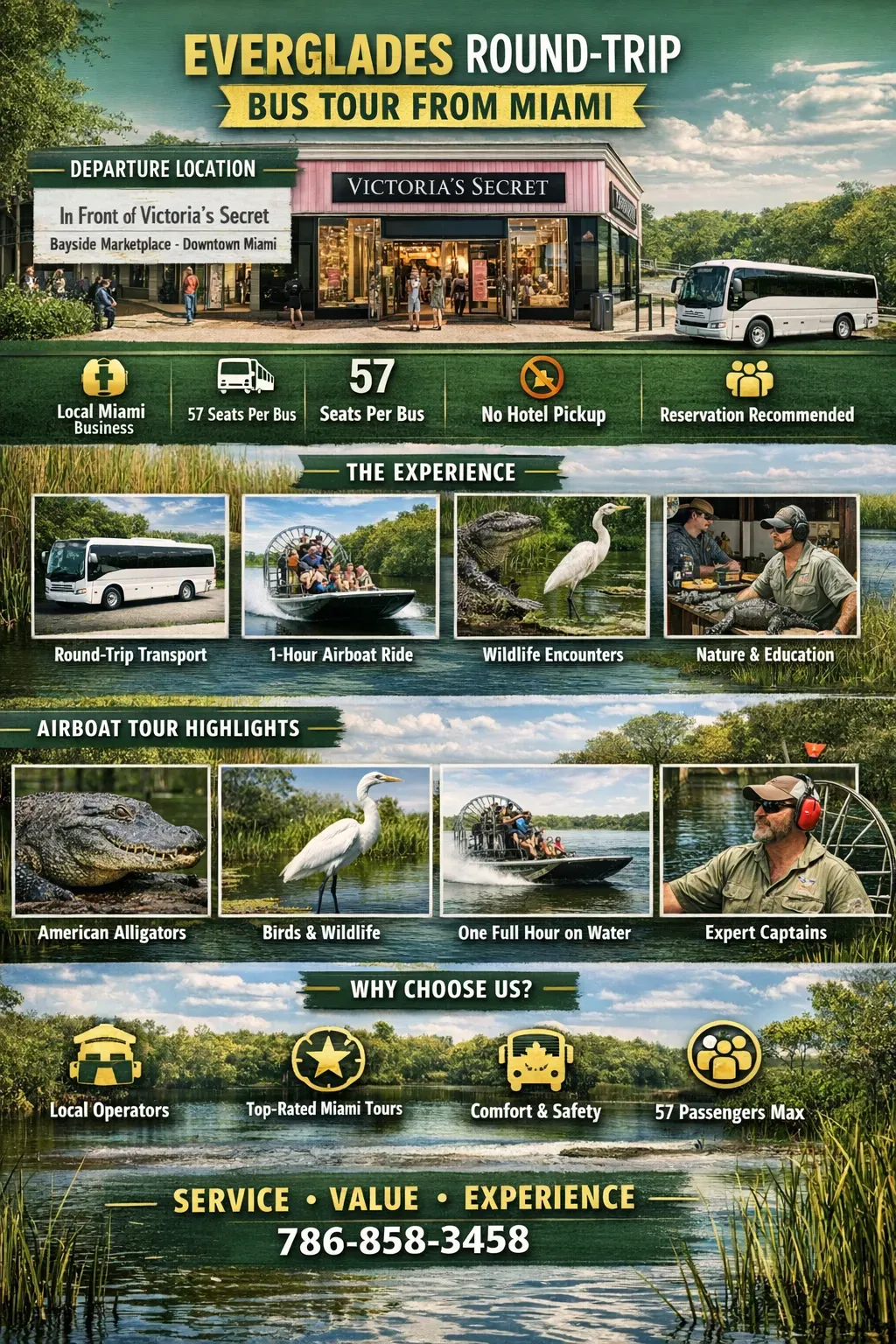 Everglades round-trip bus tour from Miami infographic showing departure location at Bayside Marketplace, 1-hour airboat ride, wildlife, and 57-seat bus details