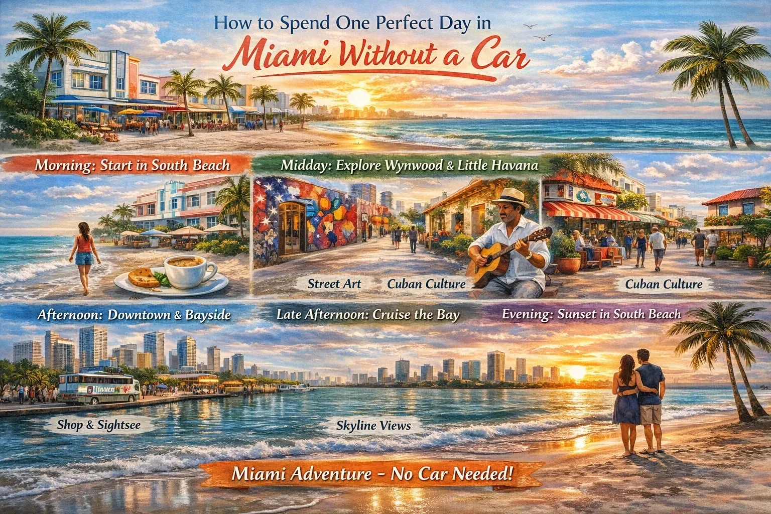 how to spend one perfect day in miami without a car infographic showing south beach wynwood little havana downtown and skyline views