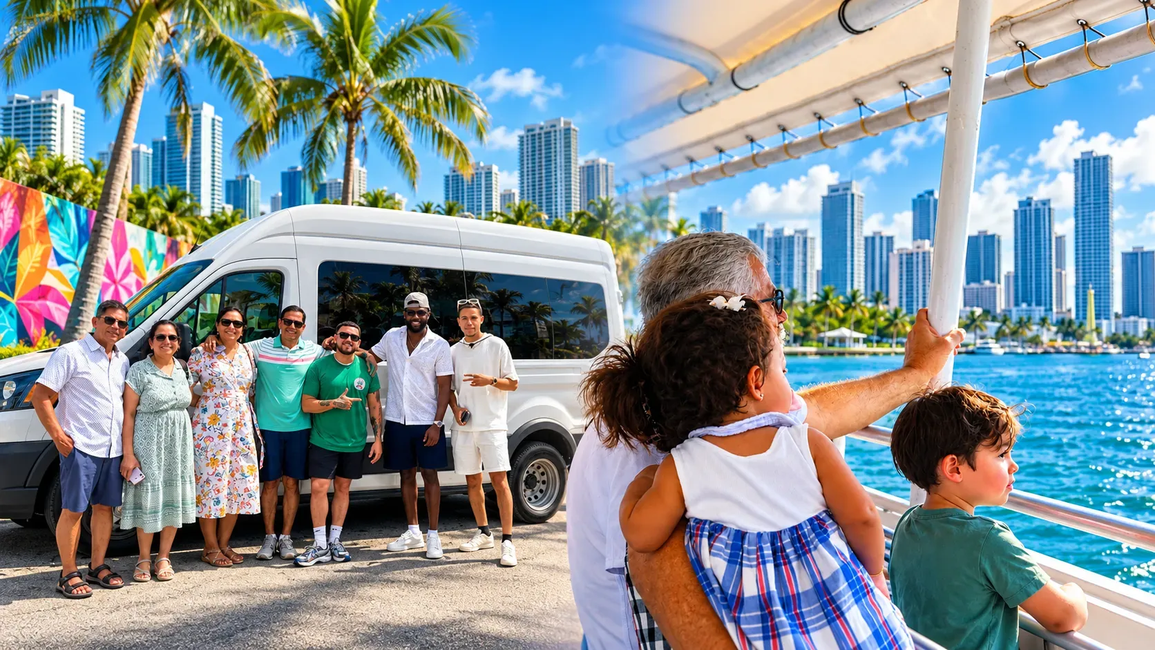 Miami bus and boat combo tour guests posing beside a sightseeing van and a family enjoying a Biscayne Bay cruise with Miami skyline views.