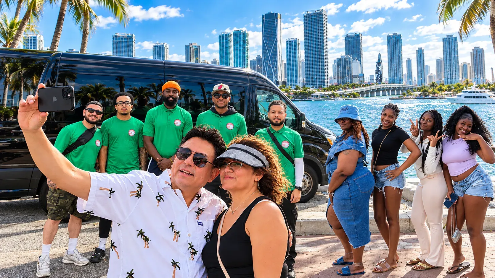 Miami bus tour guides and happy guests enjoying sightseeing experiences, group photos, and skyline views along Biscayne Bay in Miami.