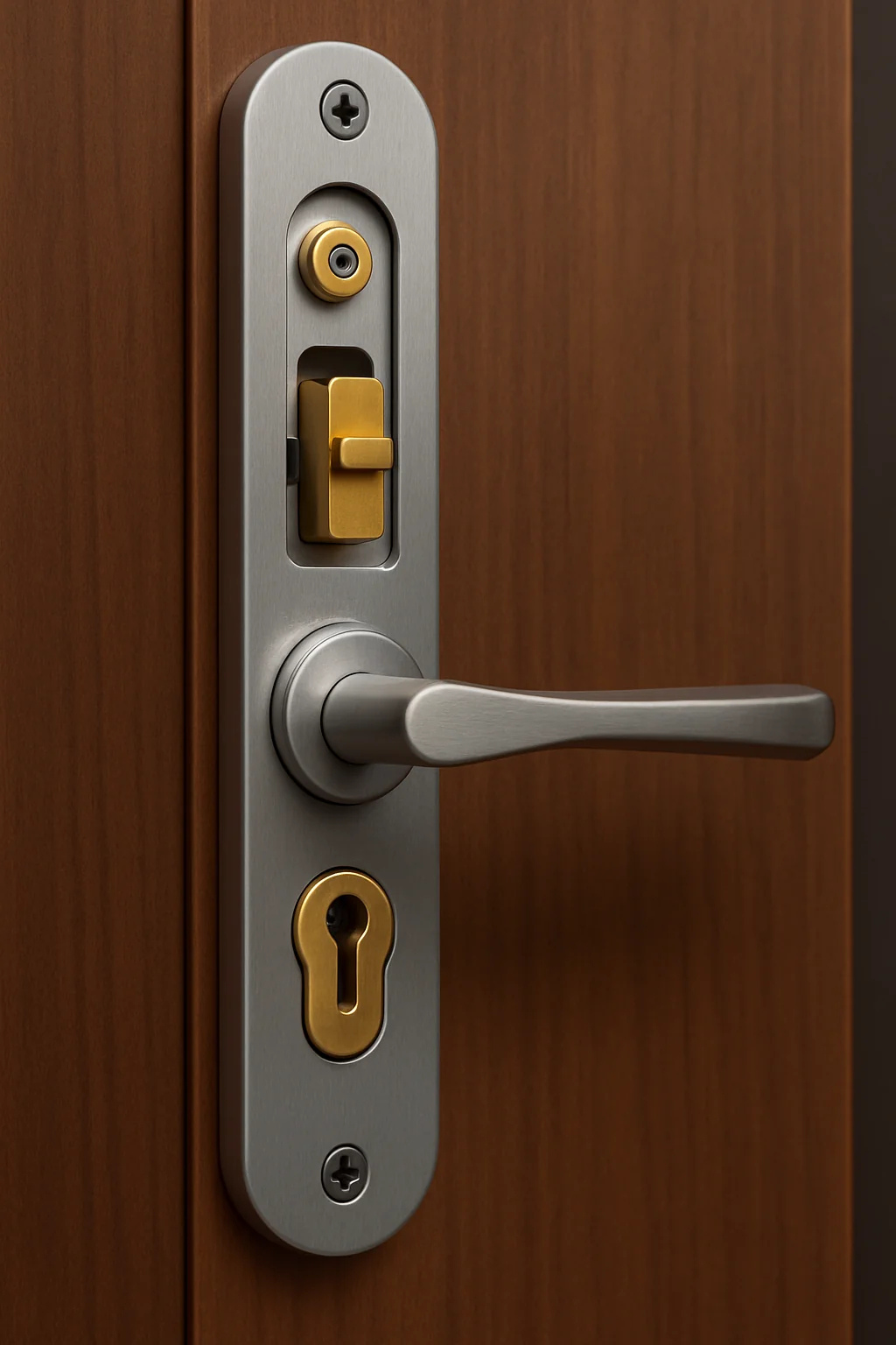 A close up of a door handle on a wooden door.