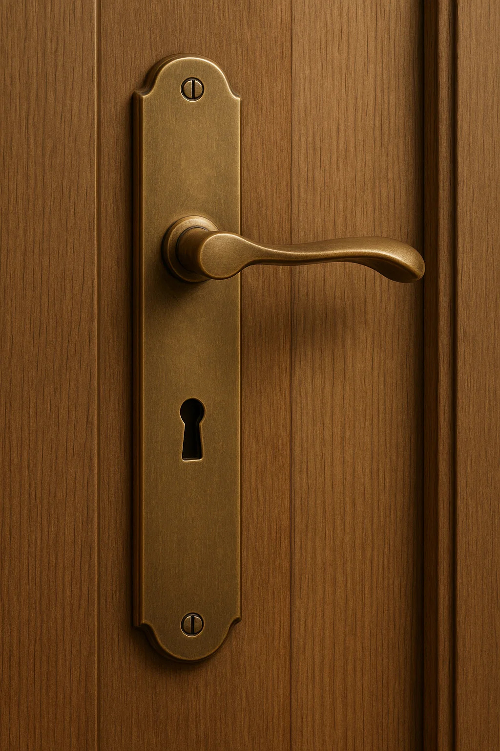 A close up of a door handle on a wooden door.