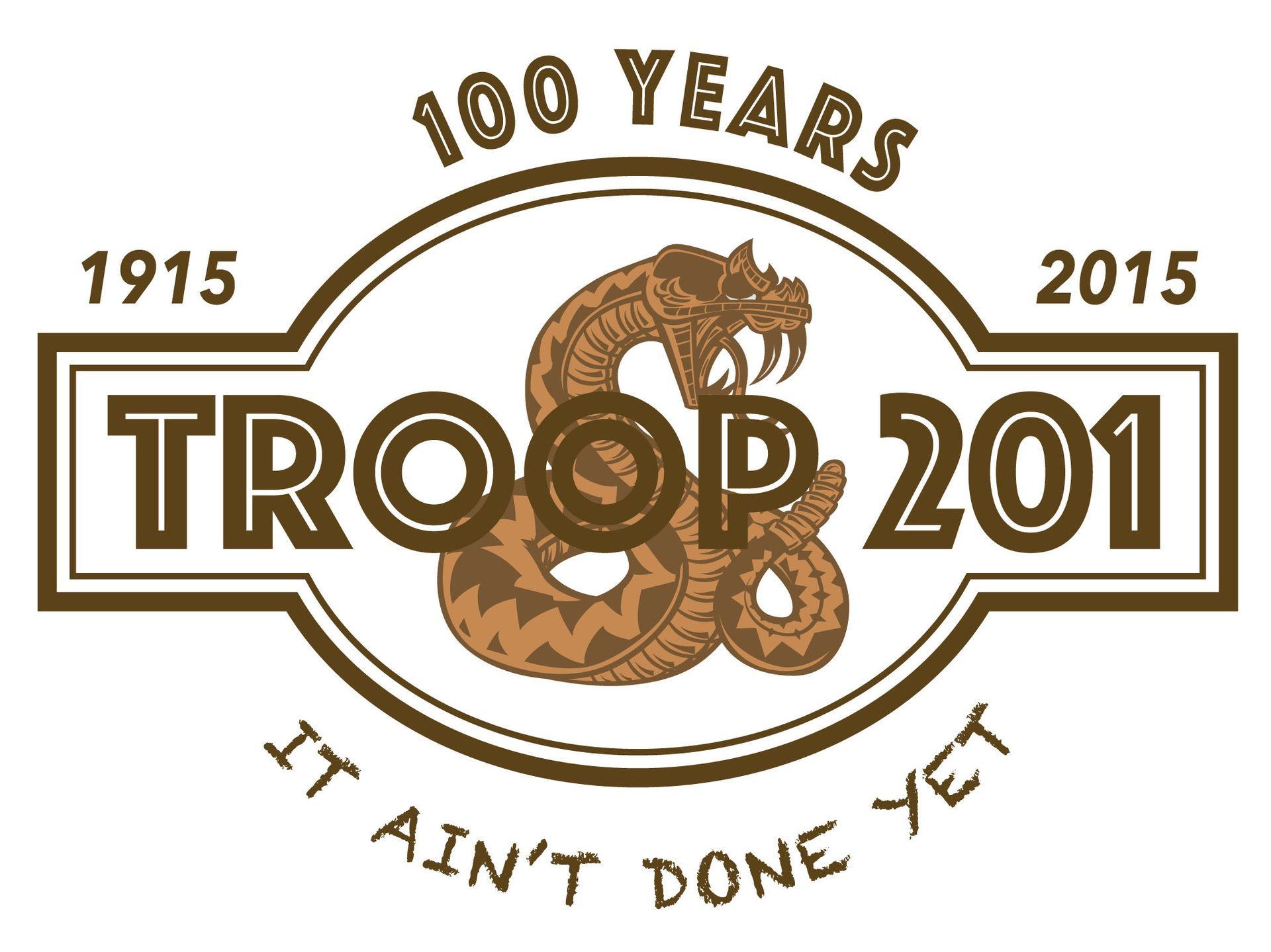Troop 201 100th anniversary logo with snake, text 