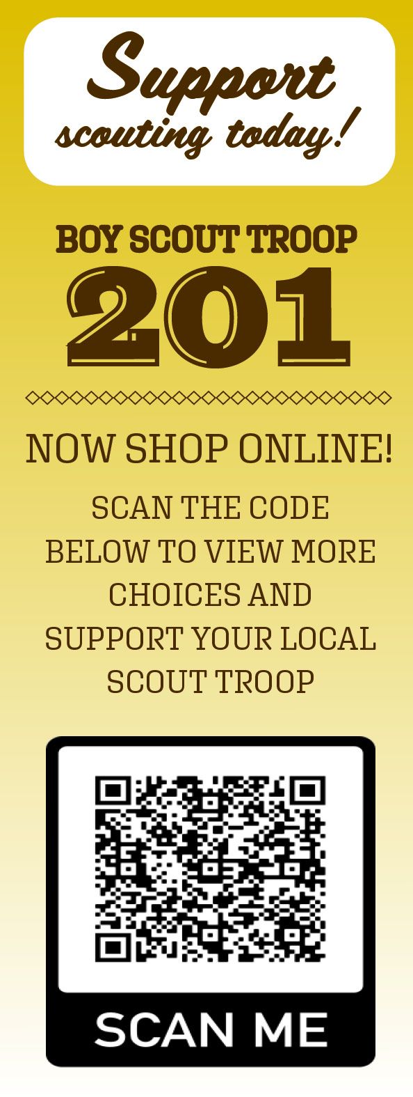 Promotional banner for Boy Scout Troop 201. Contains text, 