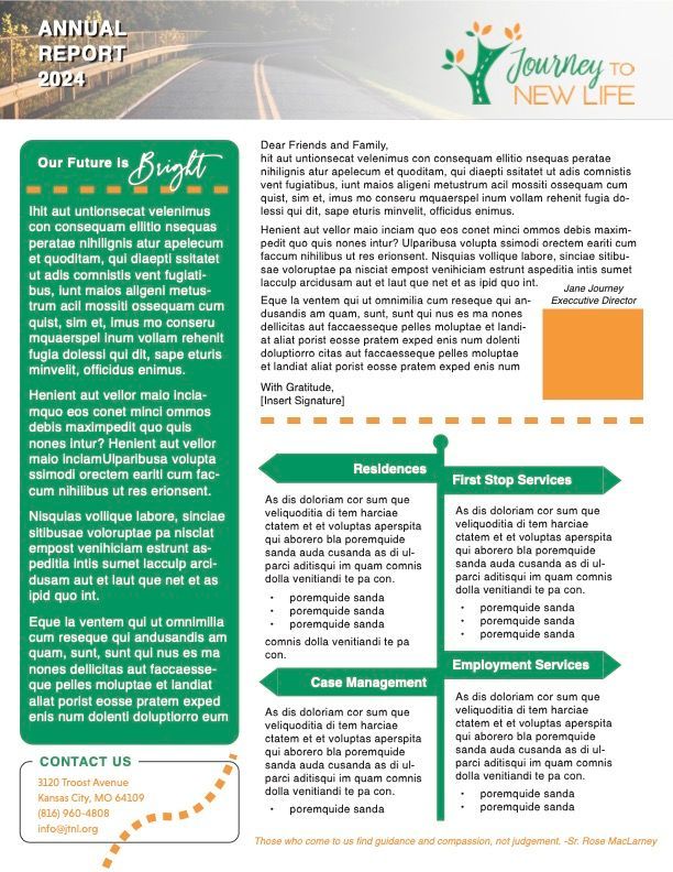 Annual report with green and orange accents, titled 
