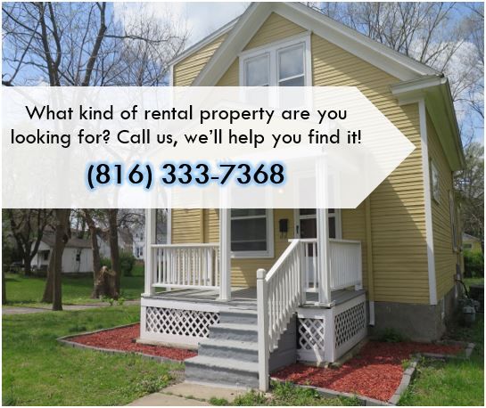 Yellow house with a porch. Rental property advertisement with phone number (816) 333-7368.