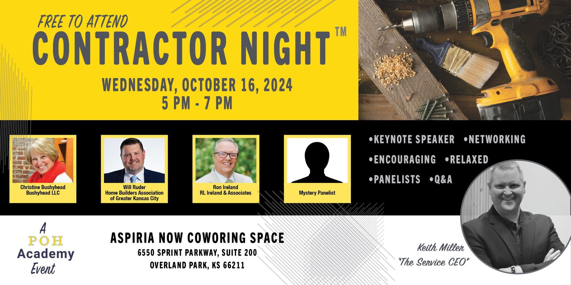Poster for a contractor night on Wednesday, October 16, 2024, from 5 PM to 7 PM. Features headshots and a drill on wood.