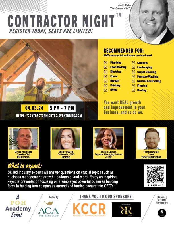 Contractor Night flyer. Event features speakers, topics, and sponsors. Includes time/date, registration link, and speaker portraits.