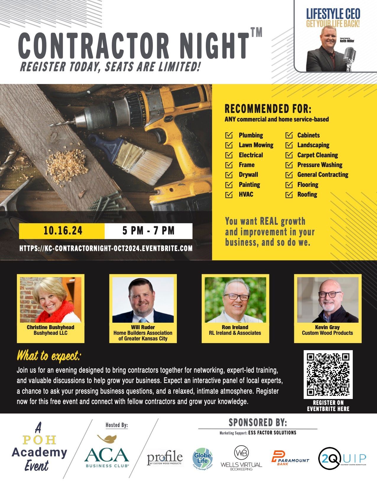 Flyer for Contractor Night event on 10/18/24, with speakers, tools, and logos.